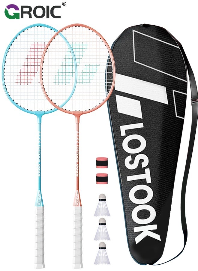 GROIC مجموعة مضارب كرة الريشة، تشمل 2 مضرب، 3 كرات، 2 شريط قبضة مضرب، 1 حقيبة حمل، خفيفة الوزن وأداء عالي للرياضة، التدريب والترفيه، أسلوب أزرق ووردي، مضرب كرة الريشة - Image 1